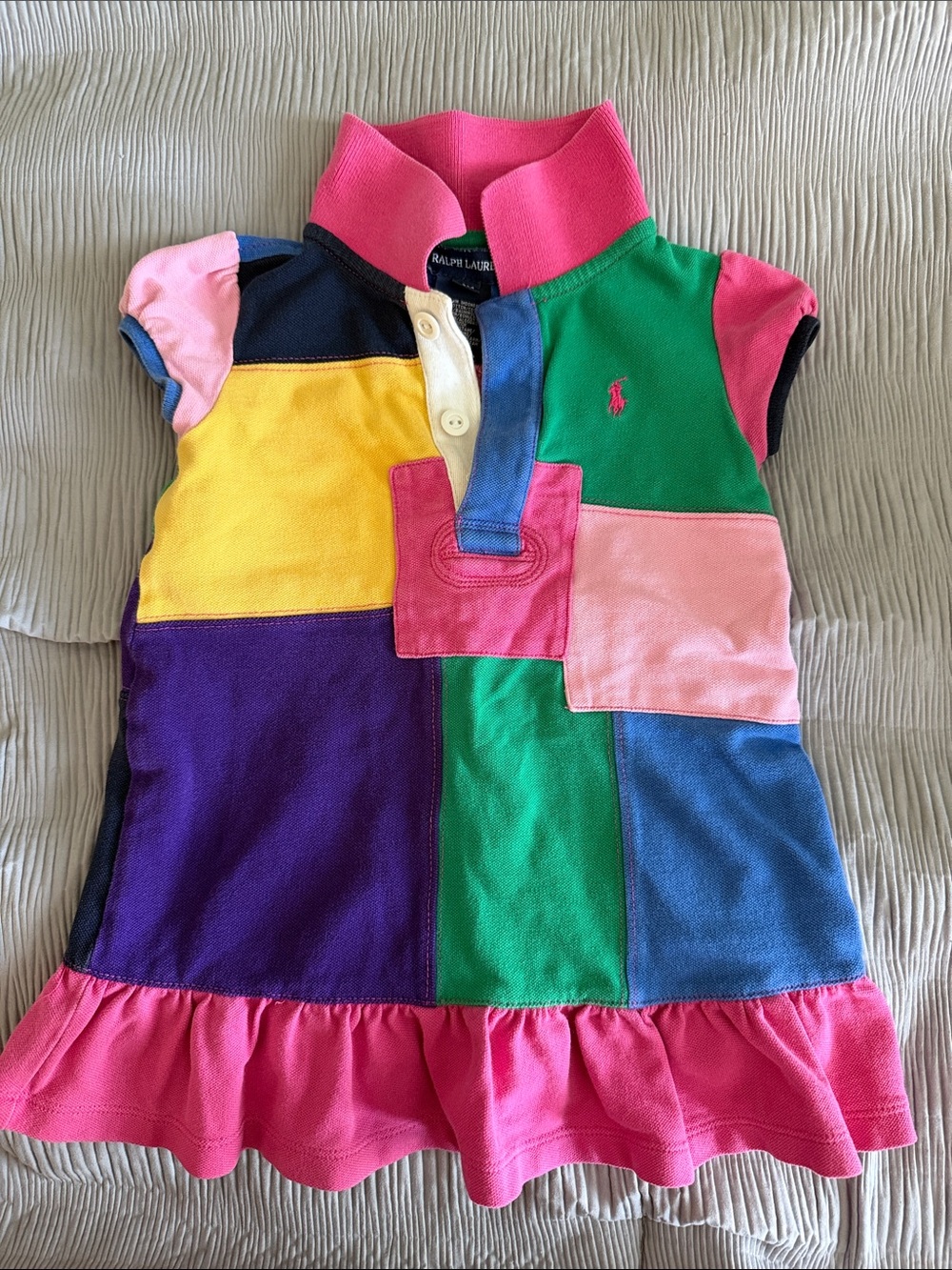 Ralph Lauren Colorblock Patchwork Polo Dress in Pink, Green, Yellow
